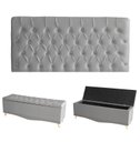 Ver imagem 1 de Kit Estrela Cabeceira de Cama Painel e Calçadeira Baú Botão Cristal King 195 Cm Suede Prata Eli Móve