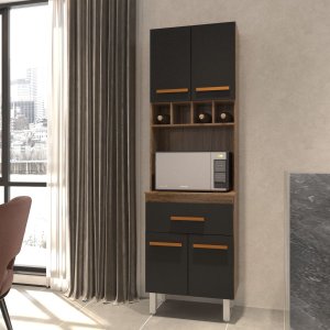 Armário Paneleiro Vivian com Adega 4 Portas 1 Gaveta Cozinha Compacta Savana Preto