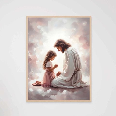 Quadro Decorativo Jesus Cristo e a Menina Rezando Orando Quarto Infantil