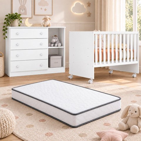 Kit Quarto de Bebê Doce Sonho com Berço com Rodízio Cômoda com Trocador e Colchão D18 130x60 Movellu