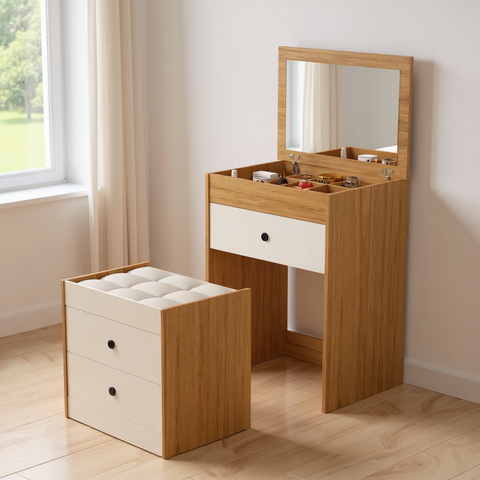 Penteadeira Cômoda Olivia Mdf 80x60cm Espelho Banqueta:naturale/off White