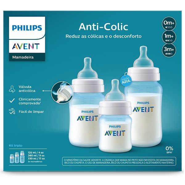 Kit 3 Mamadeiras Classica Azul 125ml 260ml e 330ml Philips Avent Scy119/20 - 2