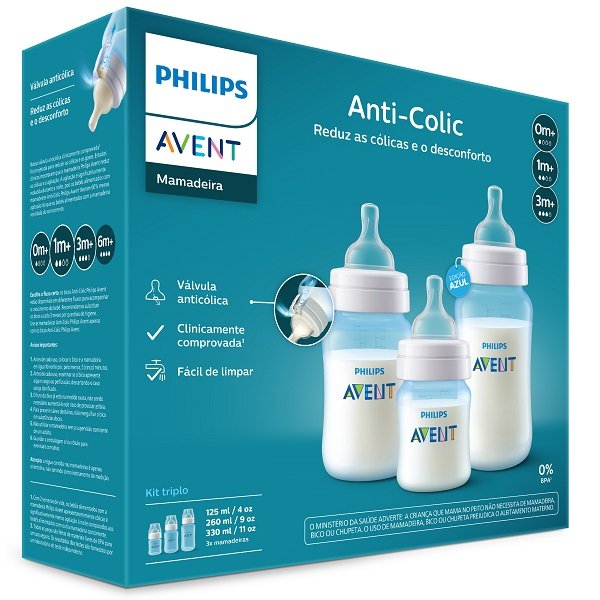 Kit 3 Mamadeiras Classica Azul 125ml 260ml e 330ml Philips Avent Scy119/20 - 3