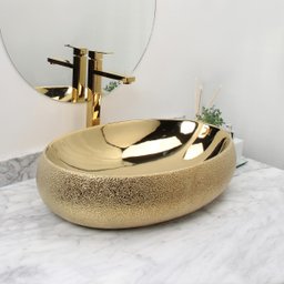 Cuba Pia Louça Cerâmica Apoio Banheiro 59x41cm Luxo Gold - 3