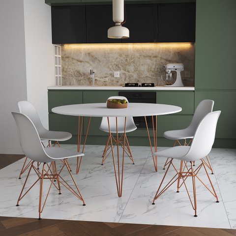 Mesa Jantar Redonda 110cm Branca Clips 3 Pés com 5 Cadeiras Eames Eiffel Brancas Base Cobre