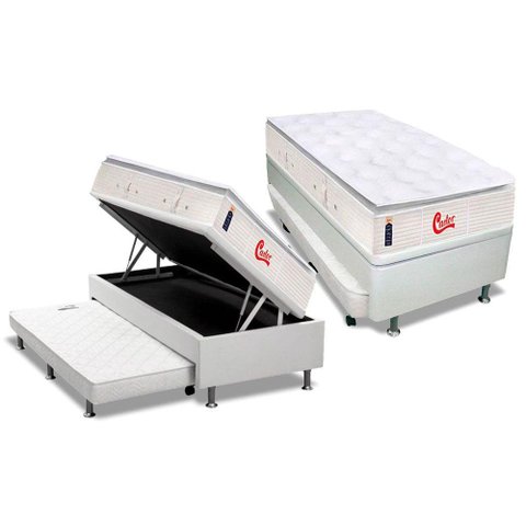 Cama Box Baú C/auxiliar Solteiro: Colchão Molas Castor Pocket Gold Star Vitagel Slx + Base Crc