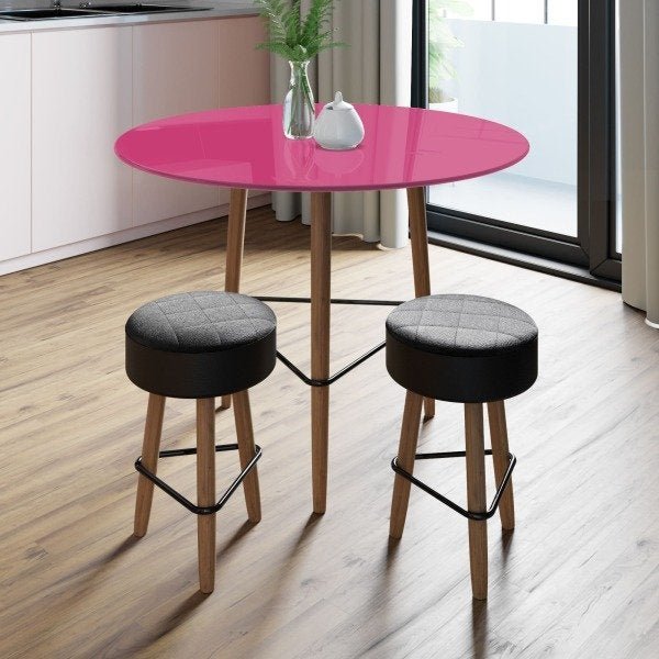 Conjunto com Mesa Gardênia 80cm Pink Peacock e 2 Banquetas Pretas - 1