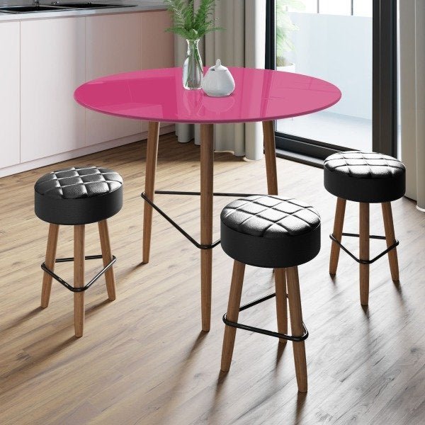 Conjunto com Mesa Gardênia Pink Peacock e 3 Banquetas Pretas - 1