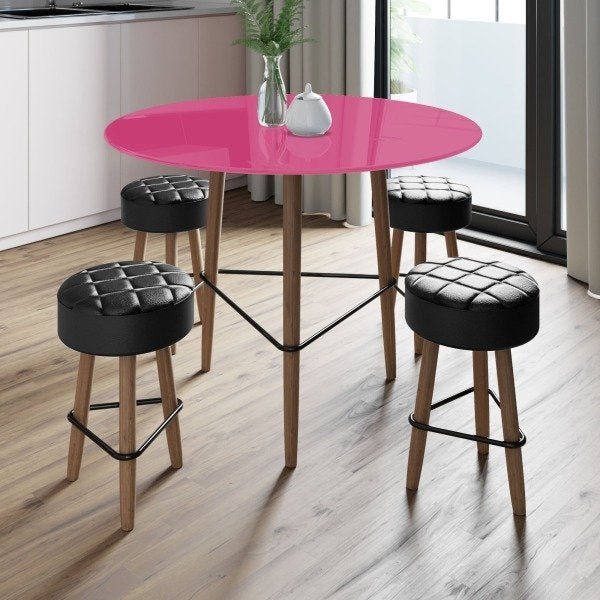 Conjunto com Mesa Gardênia Pink Peacock e 4 Banquetas Pretas - 2