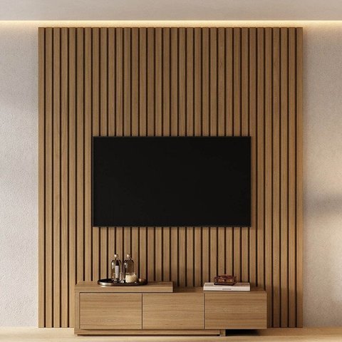 Rack Extensível com Painel Ripado TV 75 Polegadas Planejado 200x230cm Aruá CabeCasa MadeiraOriginals