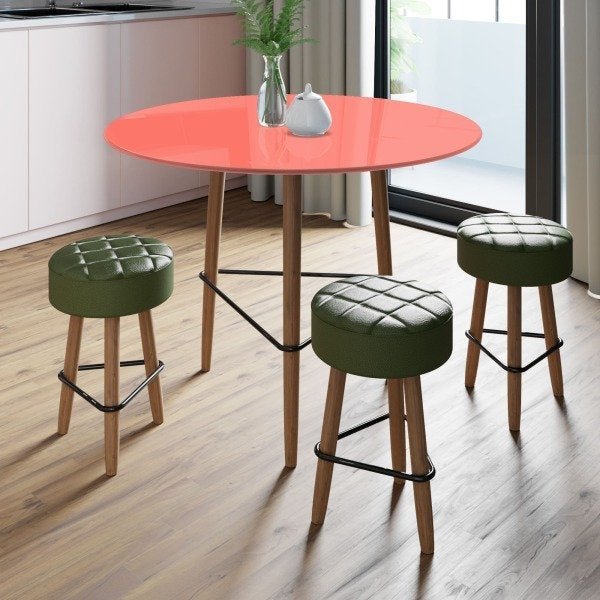 Conjunto com Mesa Gardênia Living Coral e 3 Banquetas Verdes - 1