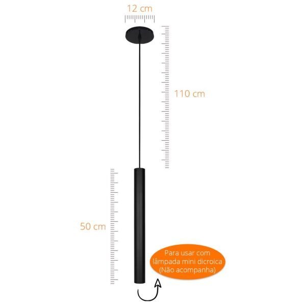 Pendente Tubo 718 - Gu10 para Mini Dicroica - 50cm Preto - 3