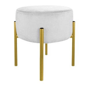 Puff Redondo Suede Branco Base Metálica Dourada - Belliv Decor