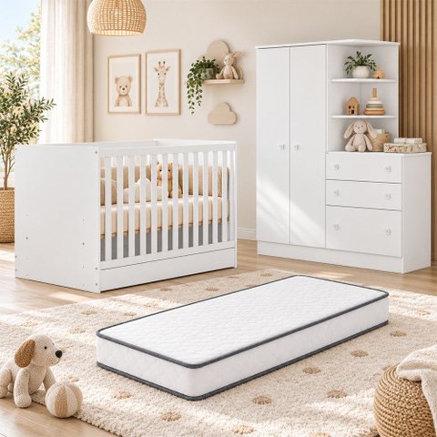 Kit Quarto de Bebê Doce Sonho com Berço Mini Cama Guarda Roupa com Cômoda e Colchão D18 130x70 Movel