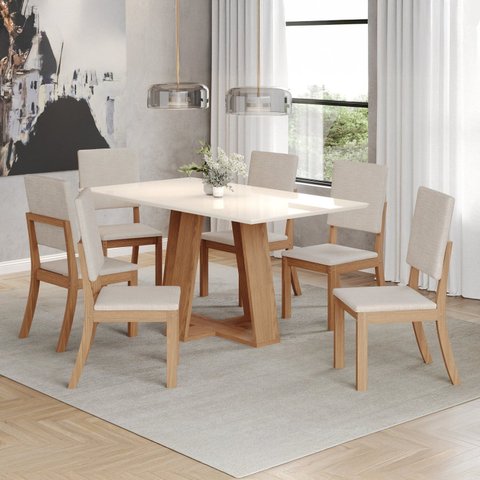 Conjunto Sala de Jantar 6 Cadeiras Lins 160x90cm Off White/Nature/Linho