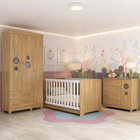 Quarto de Bebê Completo com Berço Americano 3 em 1 Bombom Multimóveis Mp4622 Madeirado