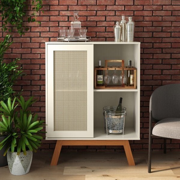 Balcão Alto Aparador Buffet com Porta de Correr Rattan Off White - 3