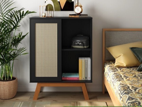 Balcão Alto Aparador Buffet com Porta de Correr Rattan Preto - 1