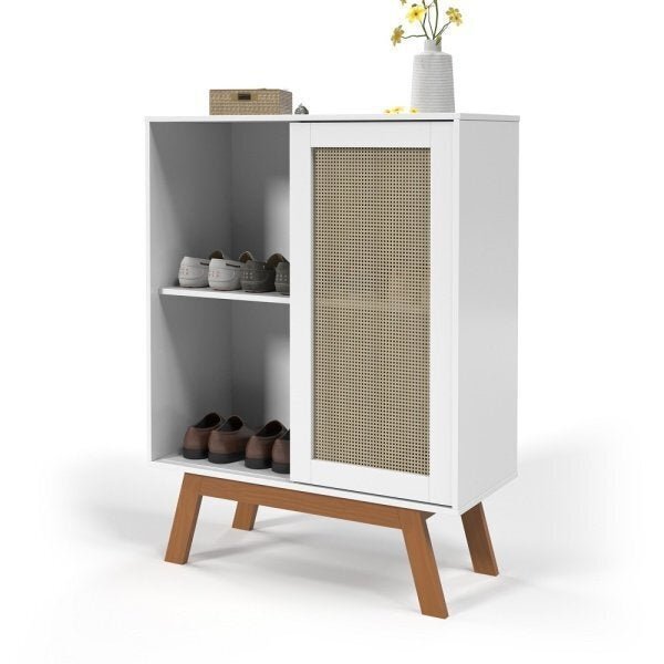 Balcão Alto Aparador Buffet com Porta de Correr Rattan Branco - 6