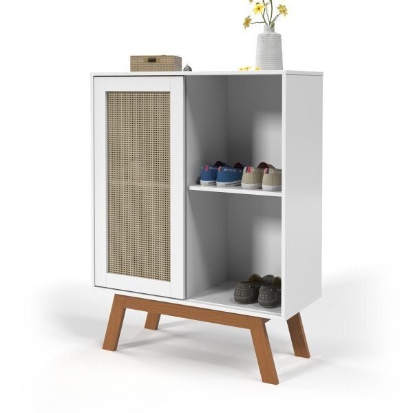 Balcão Alto Aparador Buffet com Porta de Correr Rattan Branco - 3