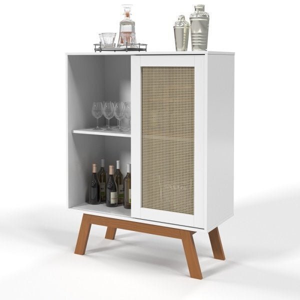 Balcão Alto Aparador Buffet com Porta de Correr Rattan Branco - 5