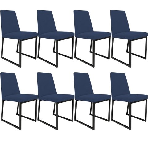 Kit 08 Cadeira Para Sala Jantar Base Aço Industrial Preto Dafne L02 Suede Azul Marinho - Lyam 