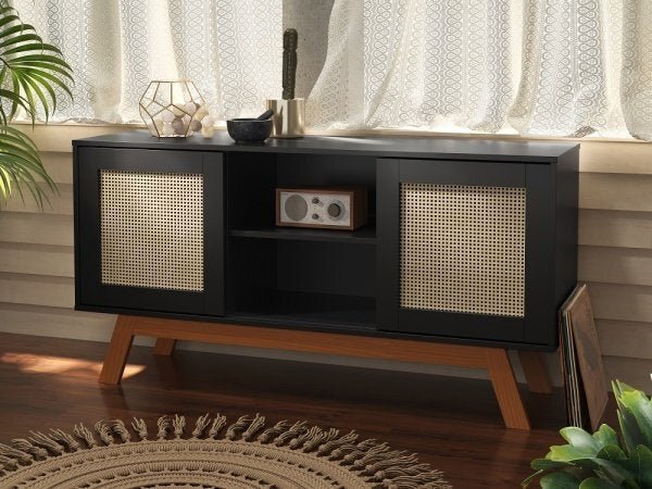 Rack Buffet com 2 Porta de Correr Rattan Preto - 2