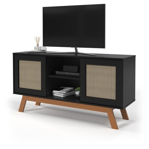 Rack Buffet com 2 Porta de Correr Rattan Preto - 5