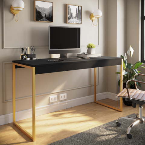 Mesa para Escritório Estilo Industrial 1,50cm Home Office Estudos em Mdp - Preto/dourado