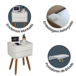 Mesa de Cabeceira Retrô 40cm Branco 2 Gavetas Pés Palito Madeira Maciça - Enviamos Montado - 4