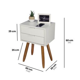 Mesa de Cabeceira Retrô 40cm Branco 2 Gavetas Pés Palito Madeira Maciça - Enviamos Montado - 2