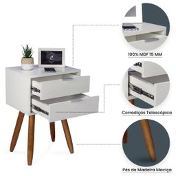 Mesa de Cabeceira Retrô 40cm Branco 2 Gavetas Pés Palito Madeira Maciça - Enviamos Montado - 3