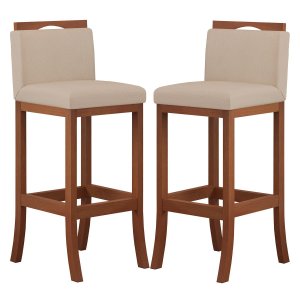 Kit 2 Banquetas Alta Encosto Estofado 38x102 Cm Turim Madeira Maciça Pinhão Suede Bege CCS
