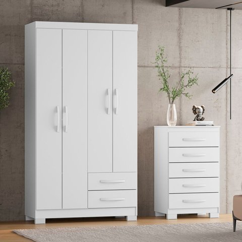 Guarda-Roupa Solteiro 4 Portas 2 Gavetas e Cômoda 5 Gavetas Itapema Branco
