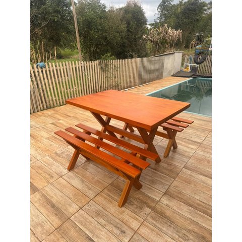 Mesa para Área Externa com 2 Bancos sem Encosto Madeira Maciça 120x80cm Kit Churrasco Mel