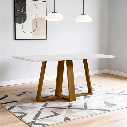 Mesa de Jantar 6 Lugares Retangular 160cm Tampo MDF com Vidro Elian N01 Ypê Off White - Lyam Decor