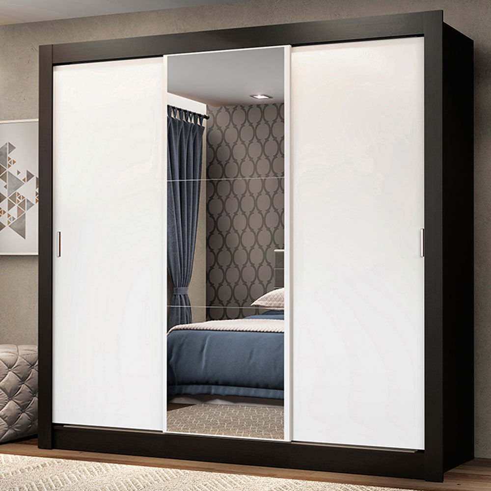 Guarda-Roupa Casal Madesa Mônaco 3 Portas de Correr com Espelho Preto/Branco Cor:Preto/Branco