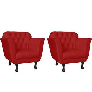 Kit 2 Poltronas Decorativa Couro Vermelho Pés Madeira Ms Decor