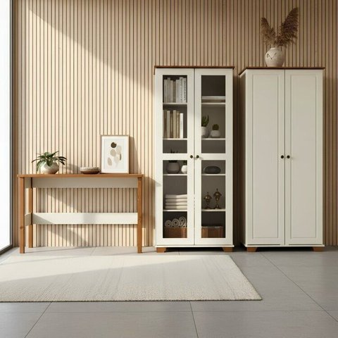 Conjunto 3 Peças Escrivaninha 120cm e 2 Armários Multiuso Madeira Maciça Ananda CabeCasa MadeiraOriginals Off White Mel Branco