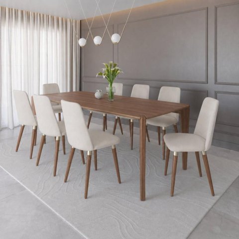 Conjunto de Jantar Mesa Harmony 8 Cadeiras Giratórias Dakota - Linho Off White - Linked 02