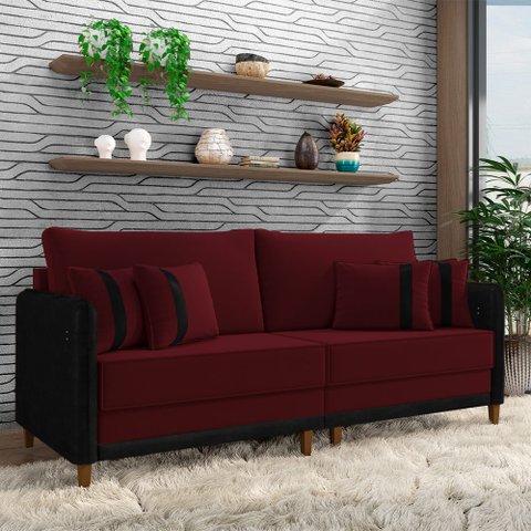 Sofá Montecarlo 2 Lugares 212cm Veludo/pu Bordô/preto