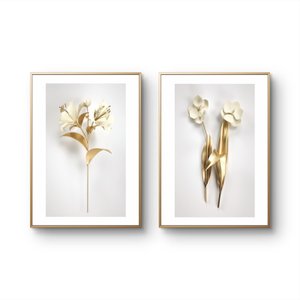 Kit 2 Quadros Decoração Grande Flores Douradas para Sala Quarto com Moldura 40x60cm