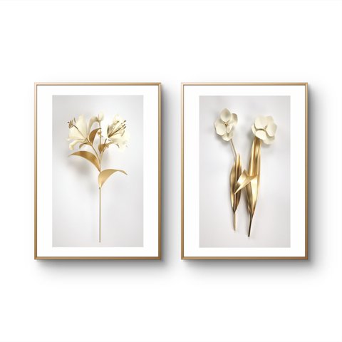 Kit 2 Quadros Decoração Grande Flores Douradas para Sala Quarto com Moldura 40x60cm