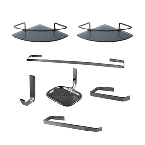 Kit Acessórios para Banheiro Quadrado Aço Inox 5 Peças + 2 Porta Shampoo Vidro Canto Preto Fosco Cód