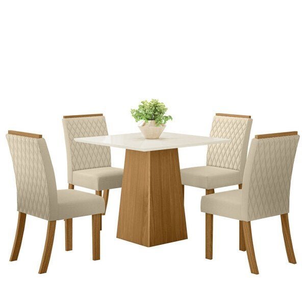 Sala de Jantar Mesa Dora 90cm com 4 Cadeiras Vega Nature/Off White/Linho - Henn - 1