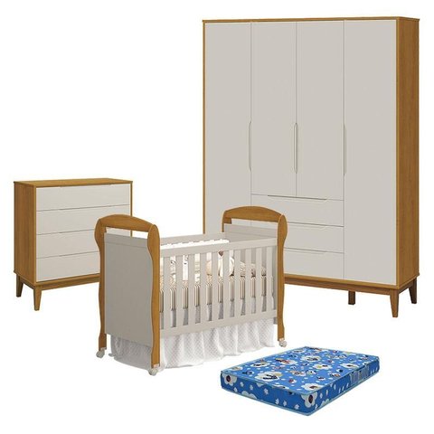 Quarto de Bebê 4 Portas com Cômoda Gaveteiro Elfe Classic e Berço Americano Danny Areia Savana Aceti