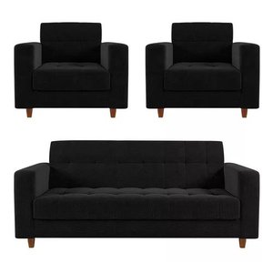 Kit Sofá 3 Lugares E 2 Poltronas Verona - Suede - Preto