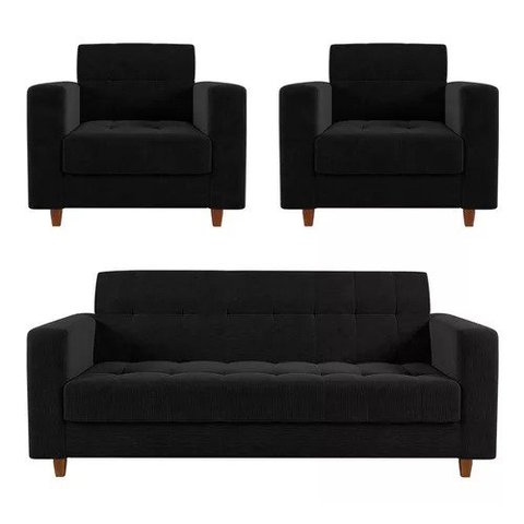 Kit Sofá 3 Lugares E 2 Poltronas Verona - Suede - Preto