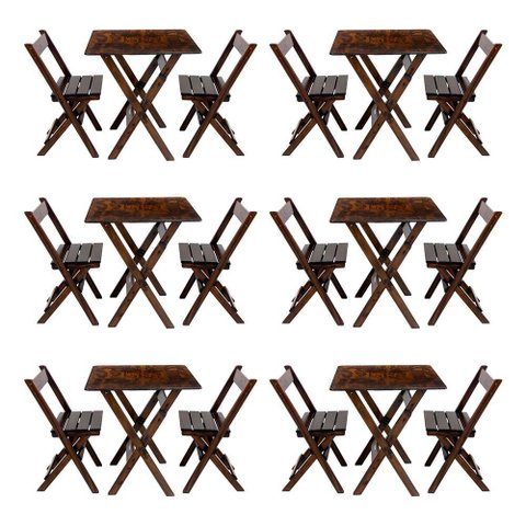 Kit 6 Conjuntos Mesa Dobrável para Bar e Restaurante 60x60cm com 2 Cadeiras em Madeira Maciça -