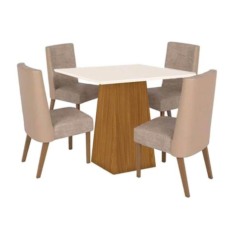 Sala de Jantar Completa Dora Tampo Madeirado 90x90cm e 4 Cadeiras Anne Nature-courano-creme - Henn